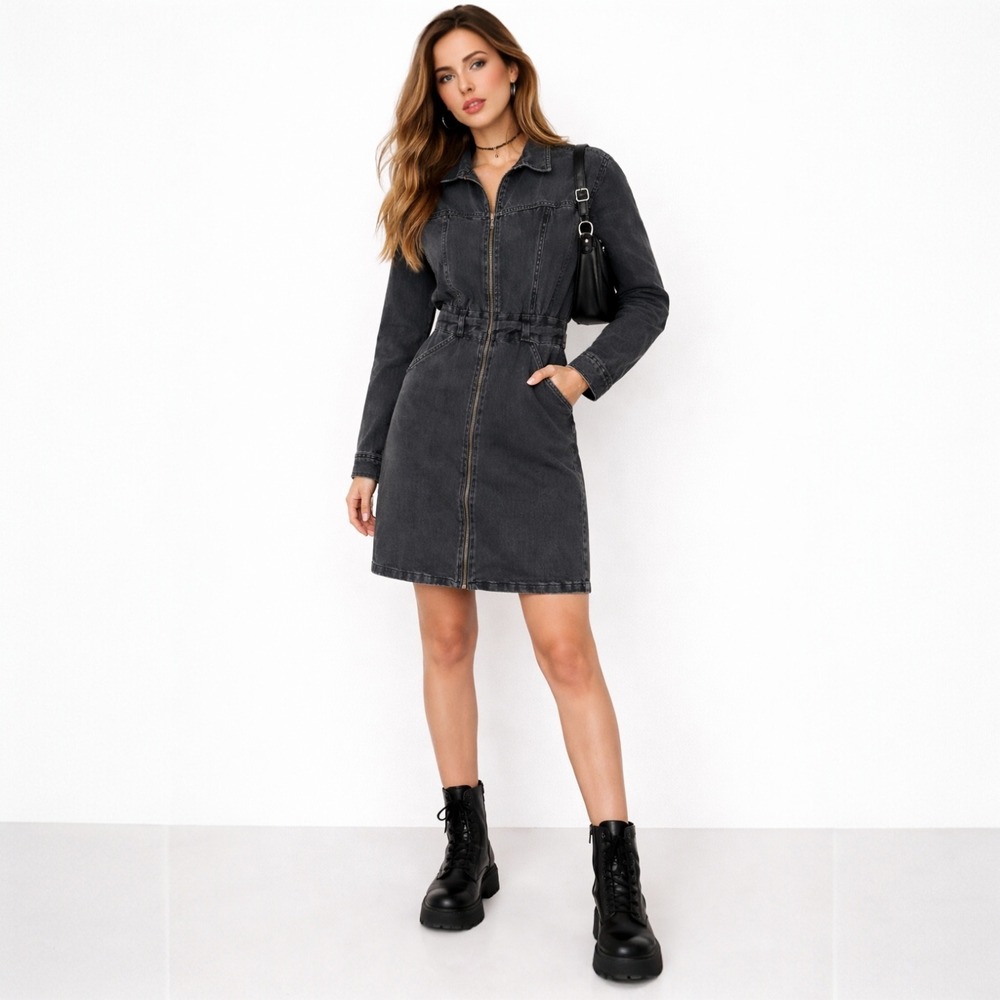 90s Y2K Topshop Womens Denim Zip Mini Dress Black Washed Size US 6 Grunge Retro